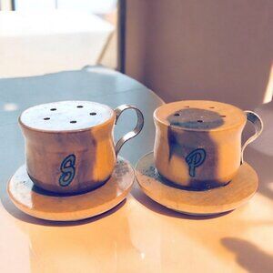 Vintage Wood Teacup Salt and Pepper Shakers